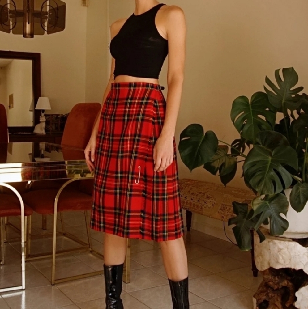 Vintage Red Plaid Midi Skirt